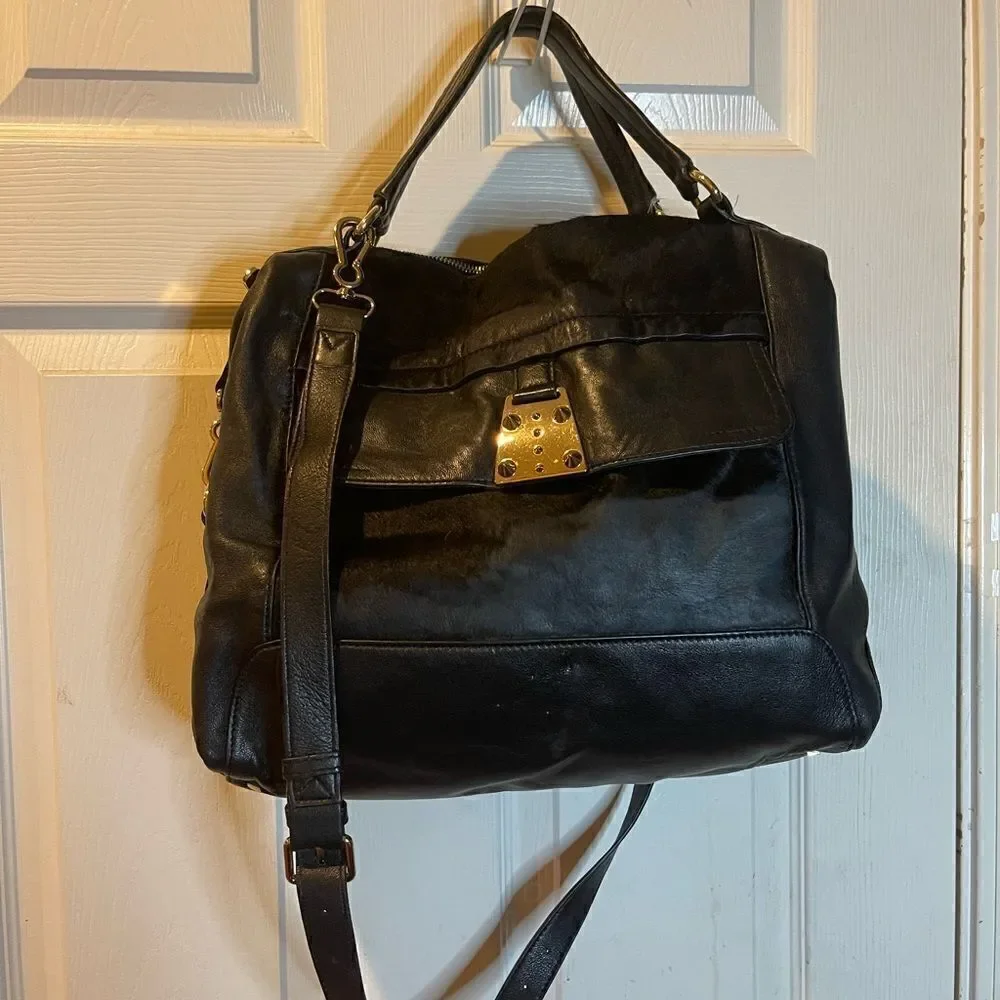 Vince Camuto black soft leather &calf hair Satchel/crossbody bag gold tone studs